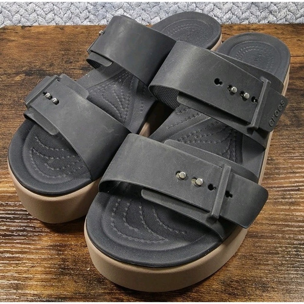 Crocs Womens Brooklyn Buckle Navy Lite Ride Wedge Slide Sandals Size 9 Dbl Strap - Picture 6 of 13